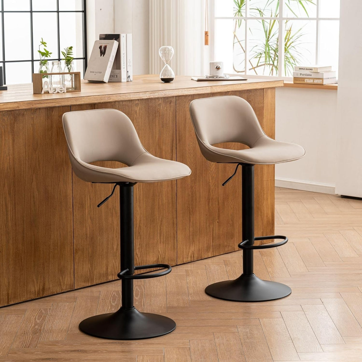 Adjustable Swivel Bar Stools 2pcs Faux Leather Counter Height Khaki