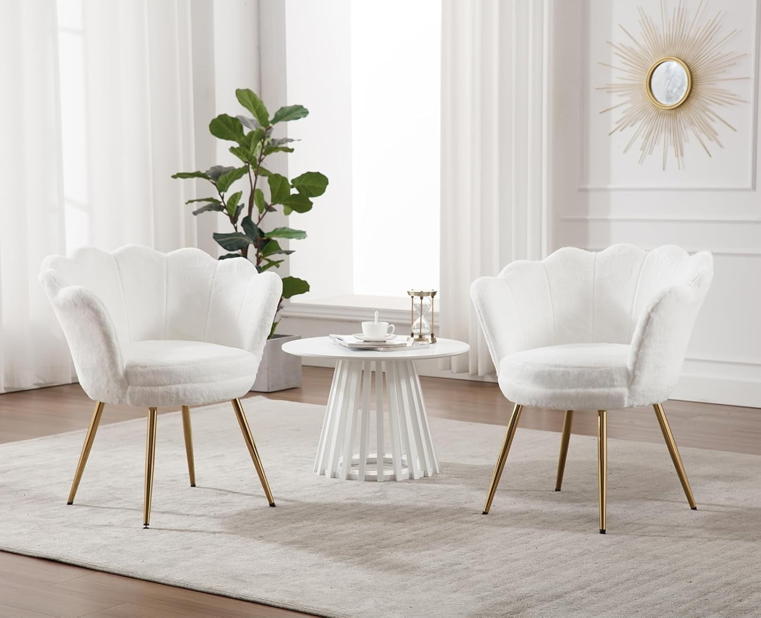 White Velvet Lounge Chair Gold Legs | Petal Back Armchair for Bedroom