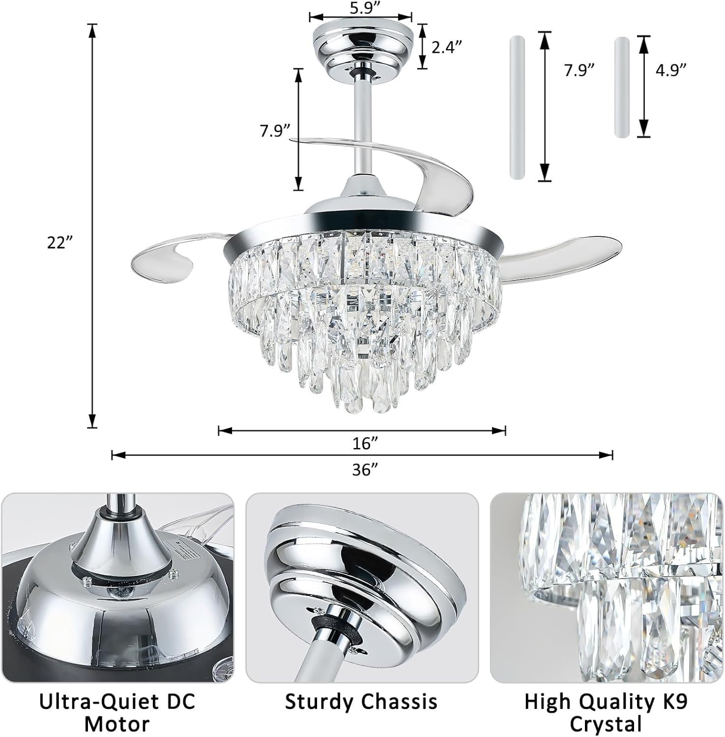 42" Modern Crystal Chandelier Ceiling Fan with Light Dimmable Remote