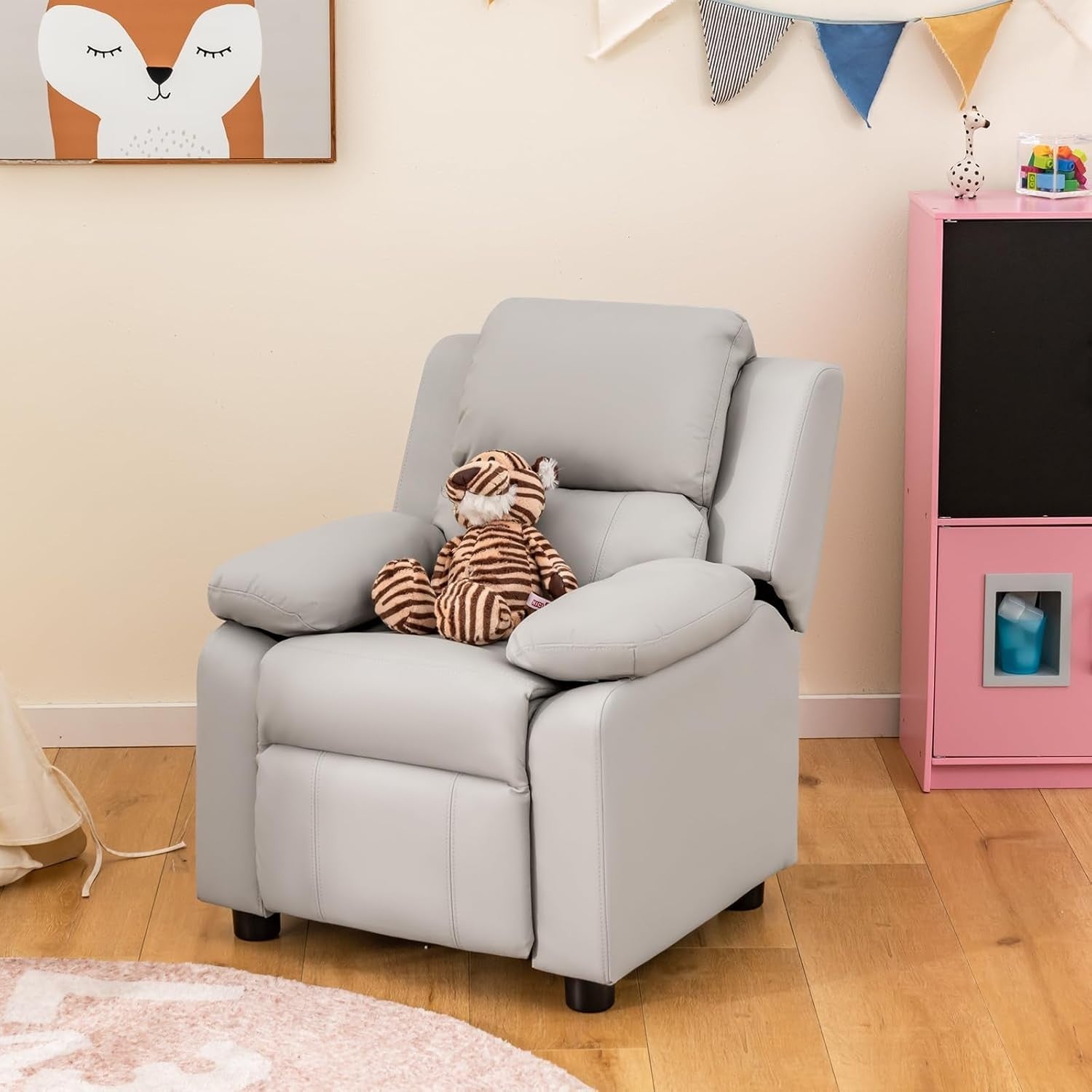 Kids Recliner Chair Adjustable Backrest & Footrest PU Leather Sofa 66x60x73cm