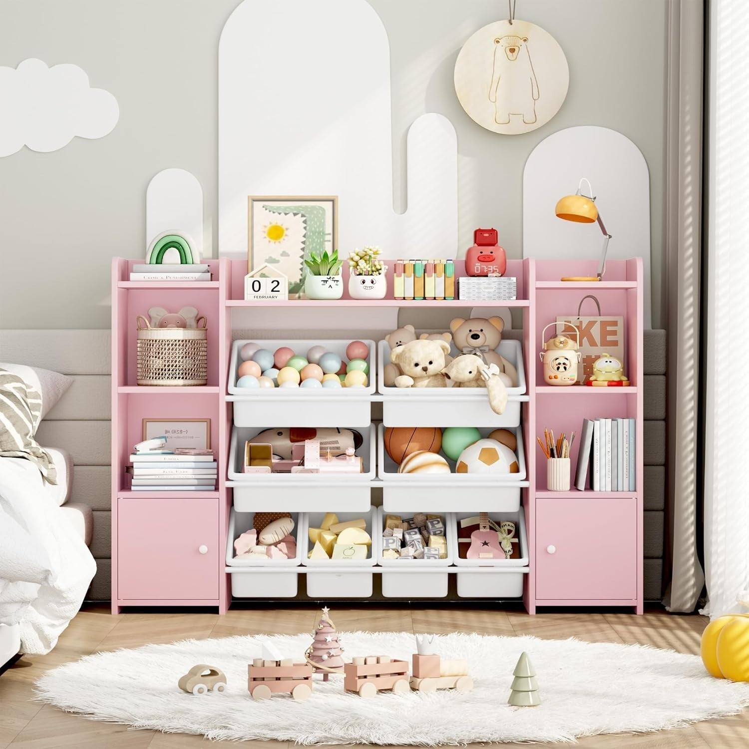 Kids Toy Storage Unit with 8 Boxes & Shelves – Pink Bookcase Organizer