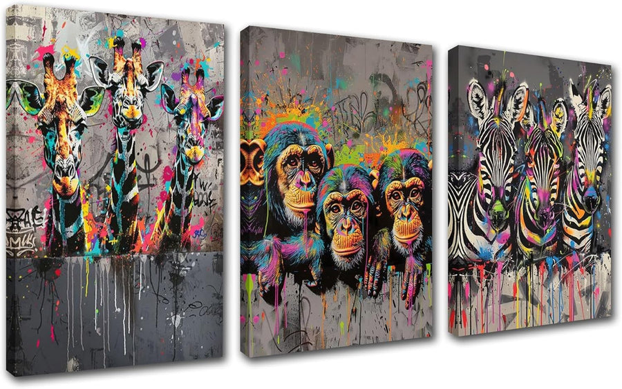 Graffiti Animal Canvas Wall Art 3 Piece 42x20 Framed