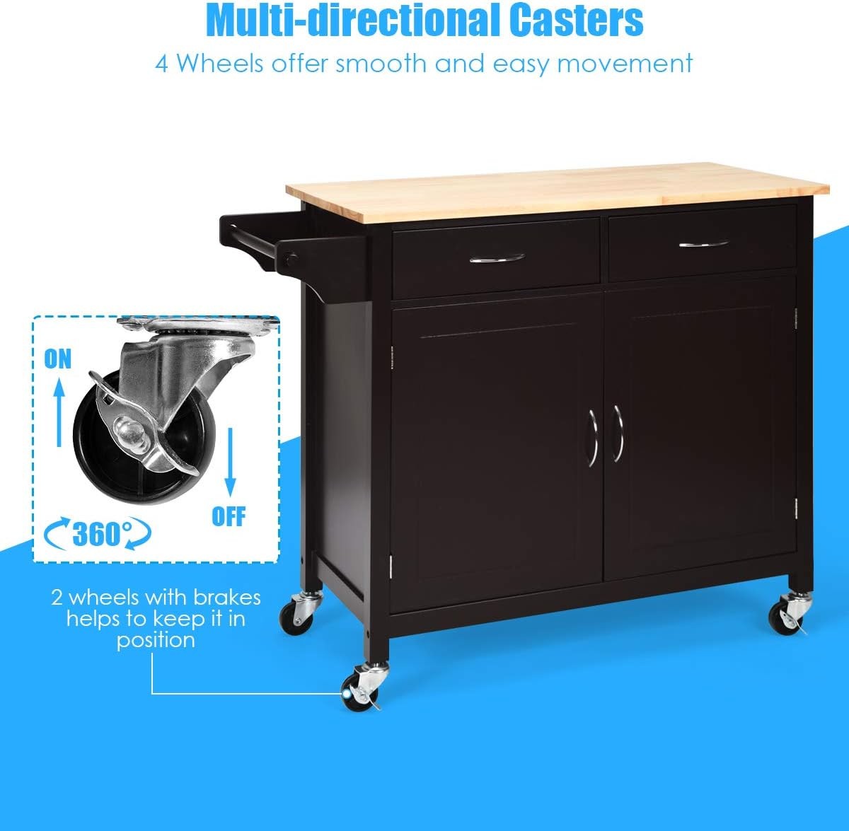 Kitchen Island Trolley Rolling Storage Cart Wooden Worktop Drawers on Wheels