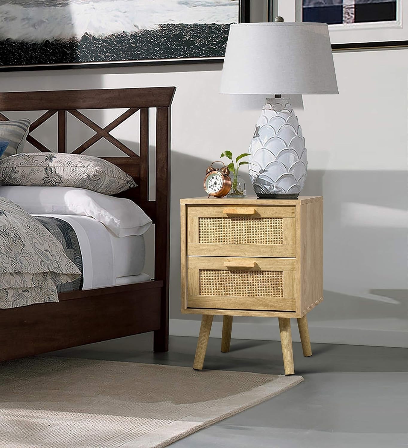 Set of 2 Rattan Bedside Tables with Drawers – Natural Wooden Nightstands