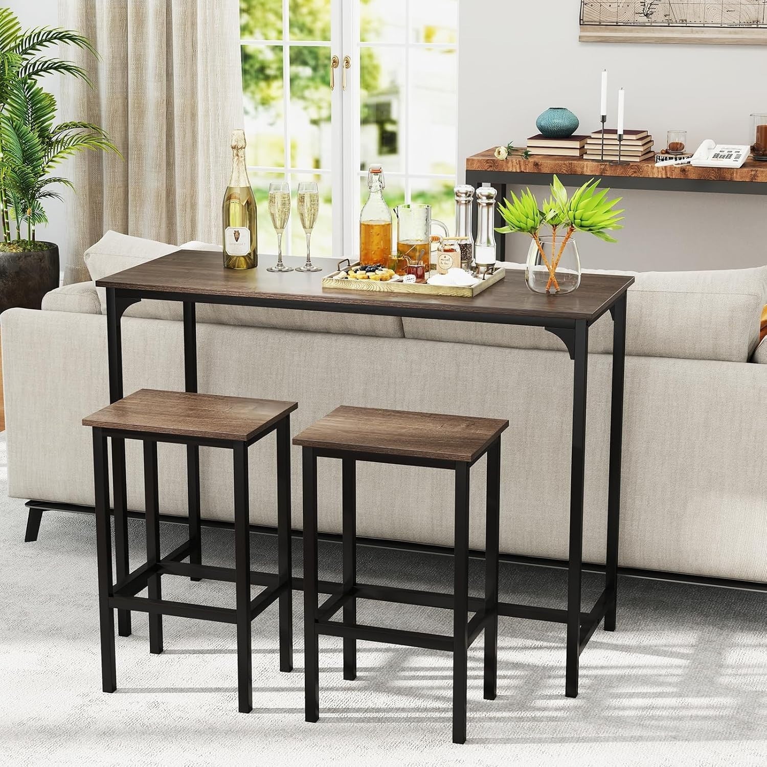3PCS Gray+Black Bar Table Set with 2 Stools, Metal Frame Dining Set Furniture