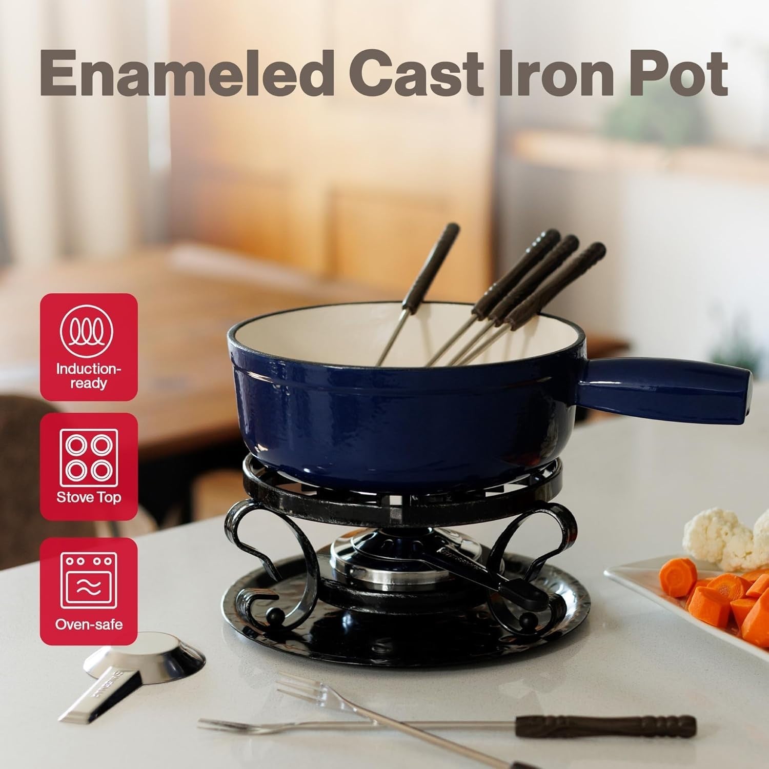 Cast Iron Cheese Fondue Set 9 Piece 2L Deep Blue Chocolate Pot