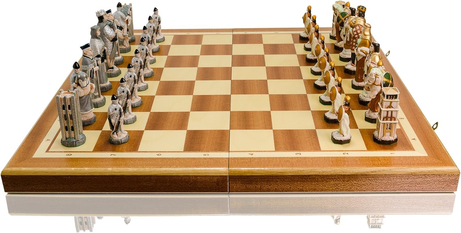 60cm Medieval England Wooden Chess Set | Burned Board & Stone Pieces | Luxury Ha
