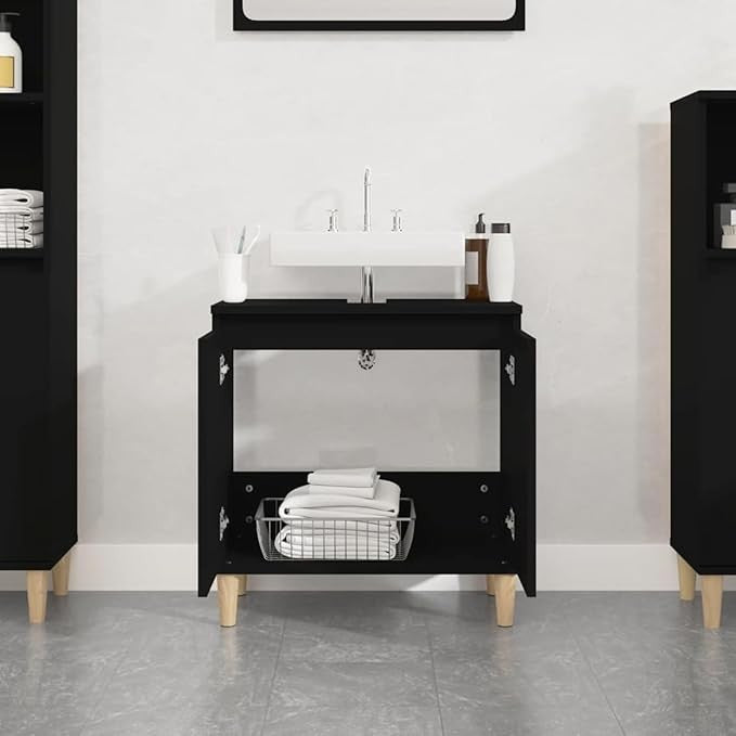 Modern Black Bathroom Sink Cabinet Cupboard 58x33x60cm Vanity Storage Unit