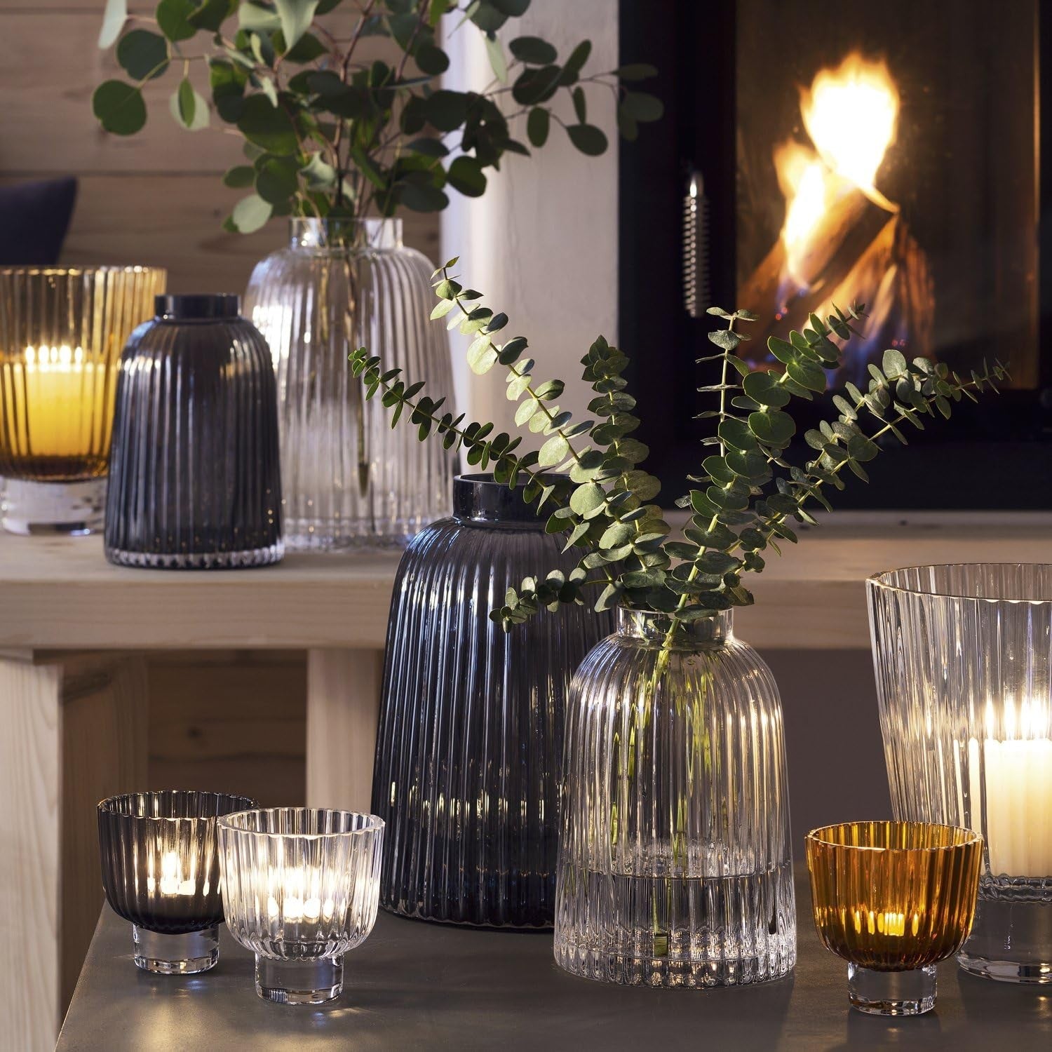 Grey Pleated Glass Vase 26cm Tall Modern Decorative Flower Vase Home Decor