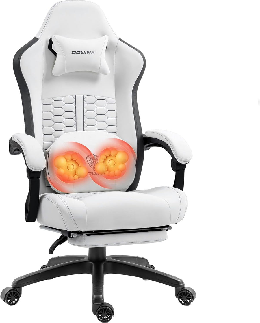 Heated Massage Gaming Chair Recliner Footrest Ergonomic White