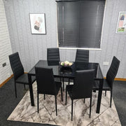 Black Glass Dining Table Set with 6 Leather Chairs Modern 6 Seater 134cm