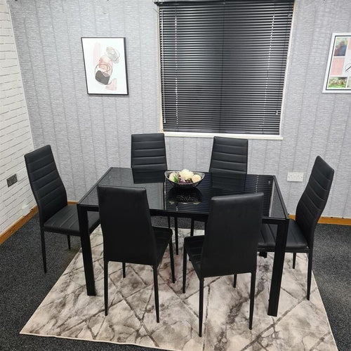 Black Glass Dining Table Set with 6 Leather Chairs Modern 6 Seater 134cm