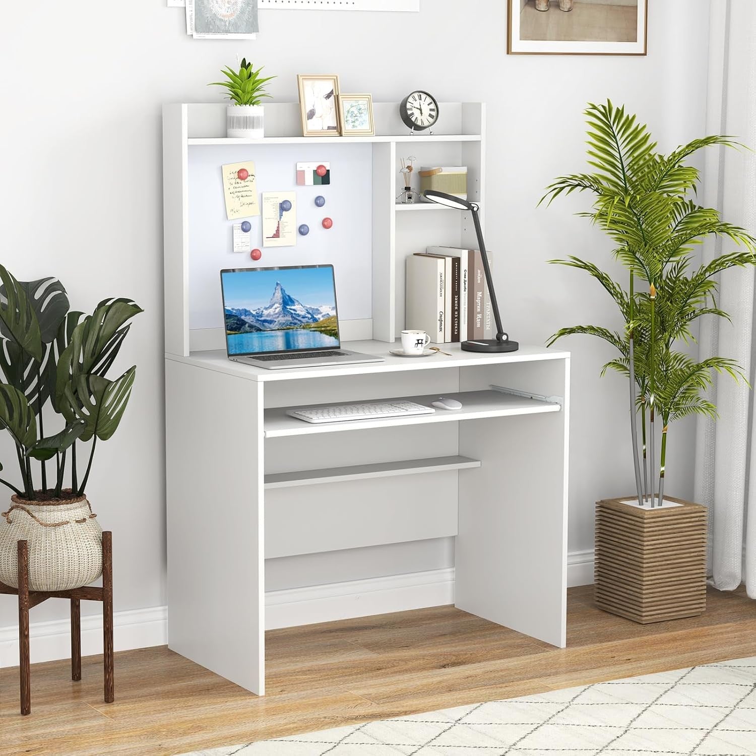 Computer Desk with Hutch Storage Keyboard Tray Study Workstation White