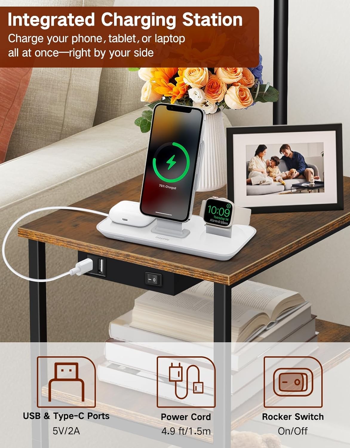 Floor Lamp with Table Remote Charging Shelves Dimmable LED End Table Light