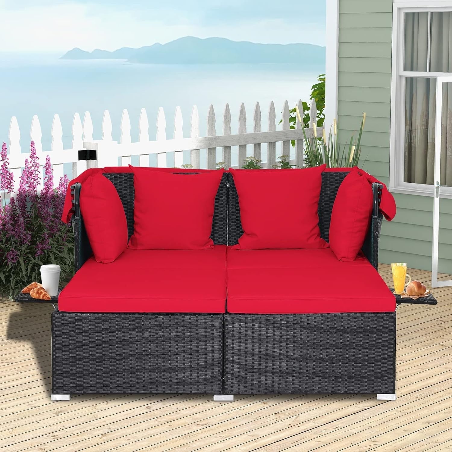 2 Seater Rattan Sunbed with Canopy & Folding Tables, Outdoor Recliner Sofa