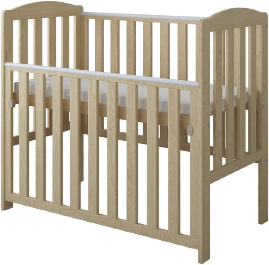 Space Saver Baby Cot with Drop Side Adjustable Height Grey Mini Crib Natural
