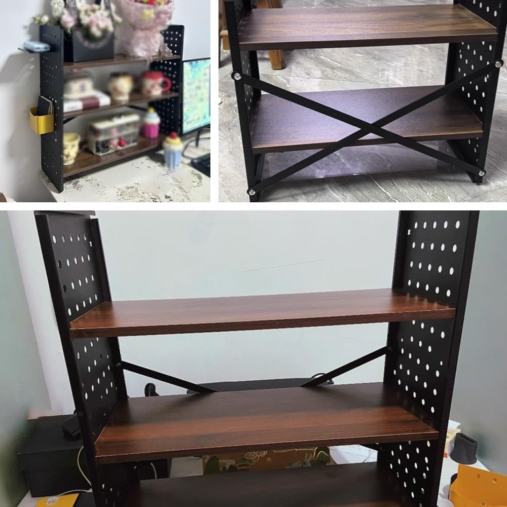 3 Tier Desktop Organizer Hutch Adjustable Bookshelf Rack w/ Grid Panel 50cm