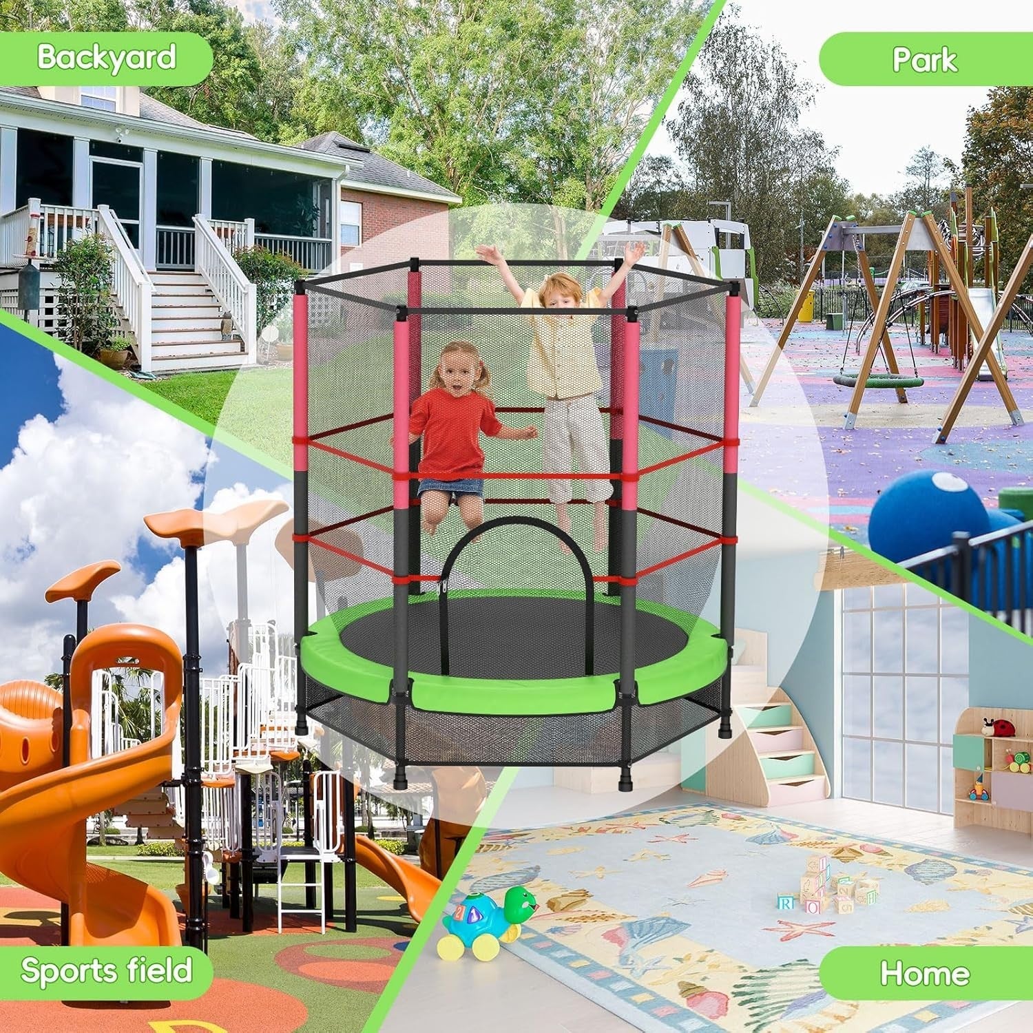 140cm Kids Trampoline with Safety Net Indoor Outdoor Toddler Green