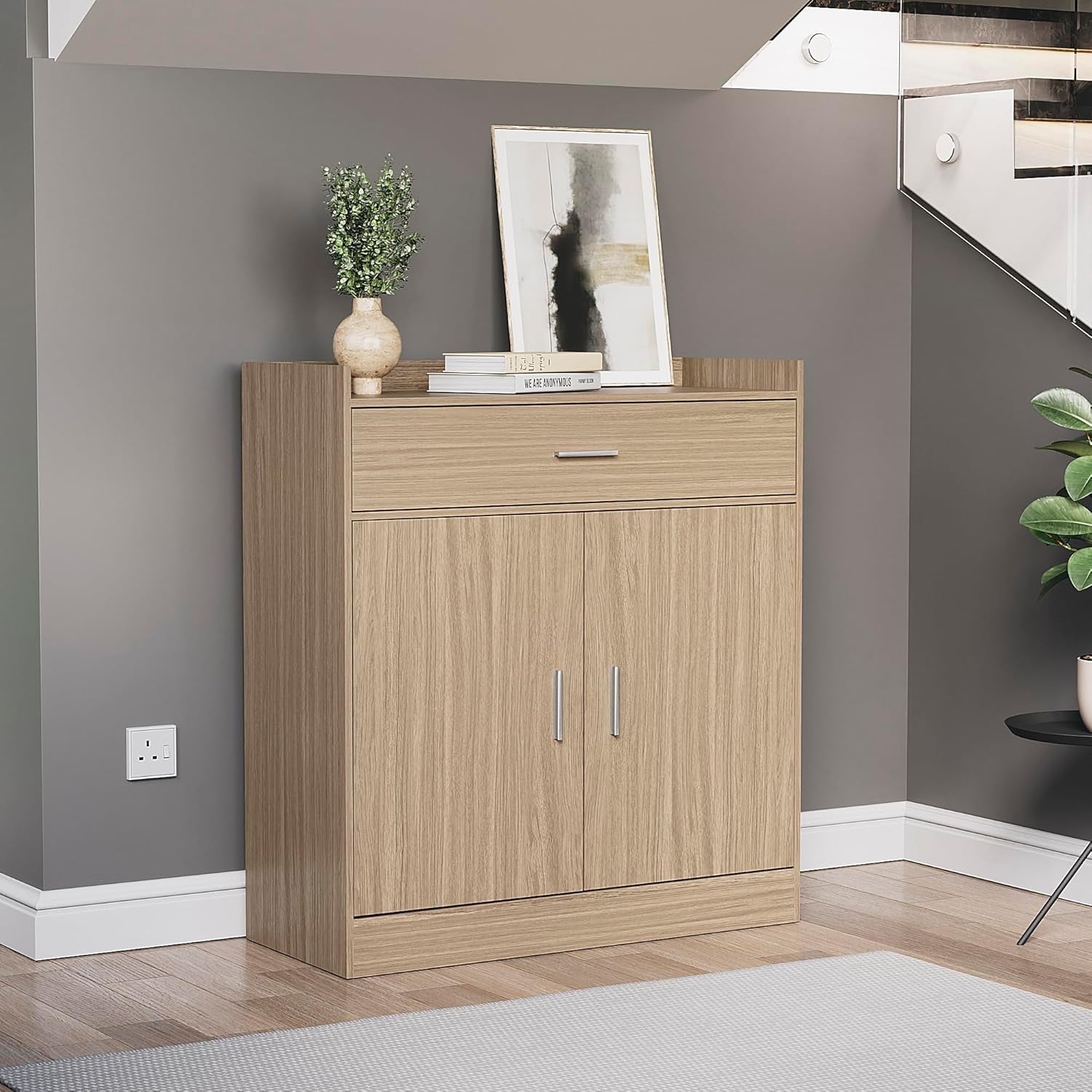 Modern Oak Shoe Cabinet 2 Door 1 Drawer Cupboard Hallway Storage Unit