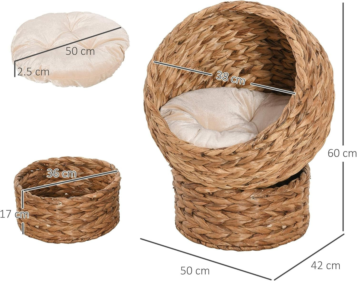 Elevated Wicker Cat Bed Cave Banana Leaf Pet House w Cushion 50cm