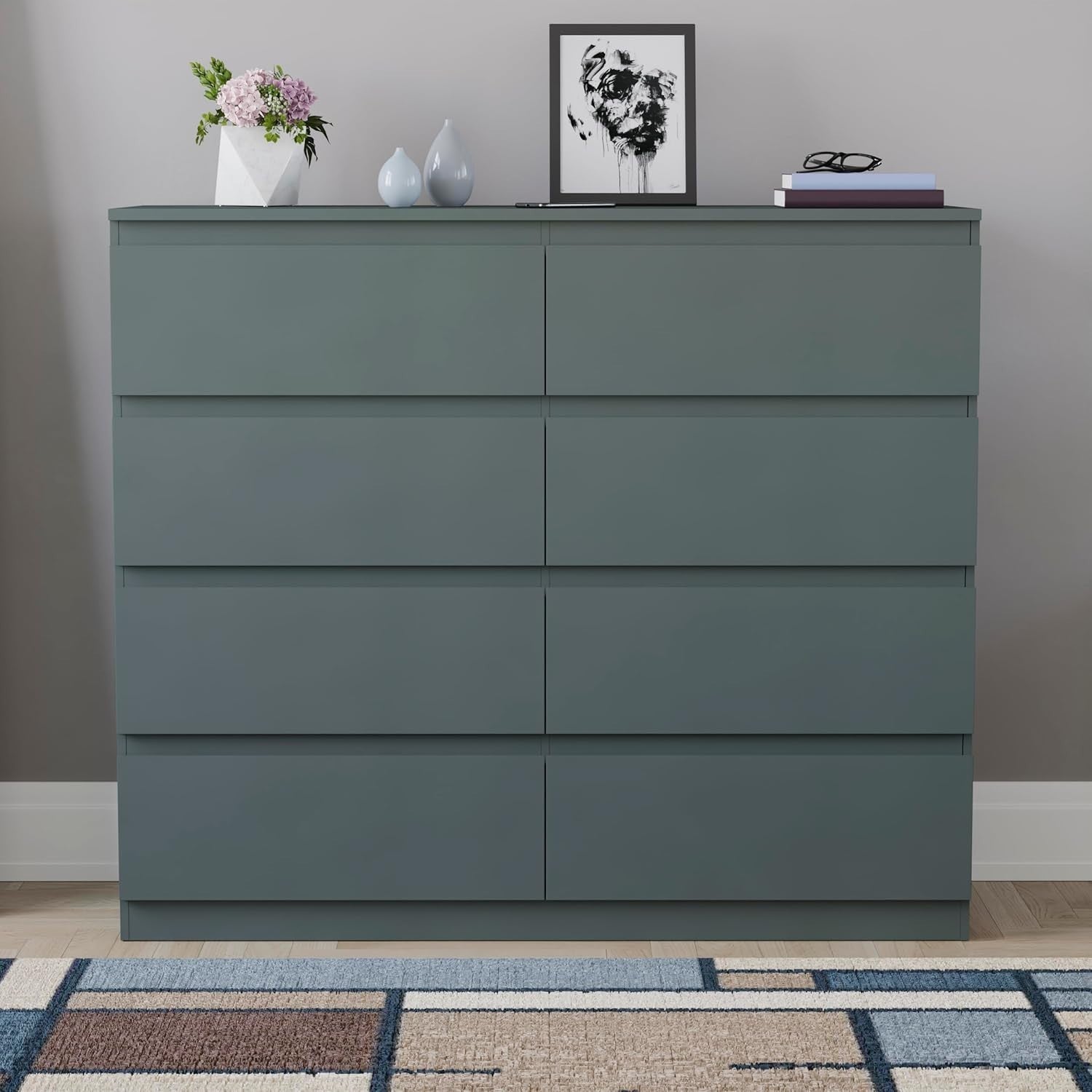 8 Drawer Chest Storage Unit Modern Wide Tall Cabinet Green Bedroom