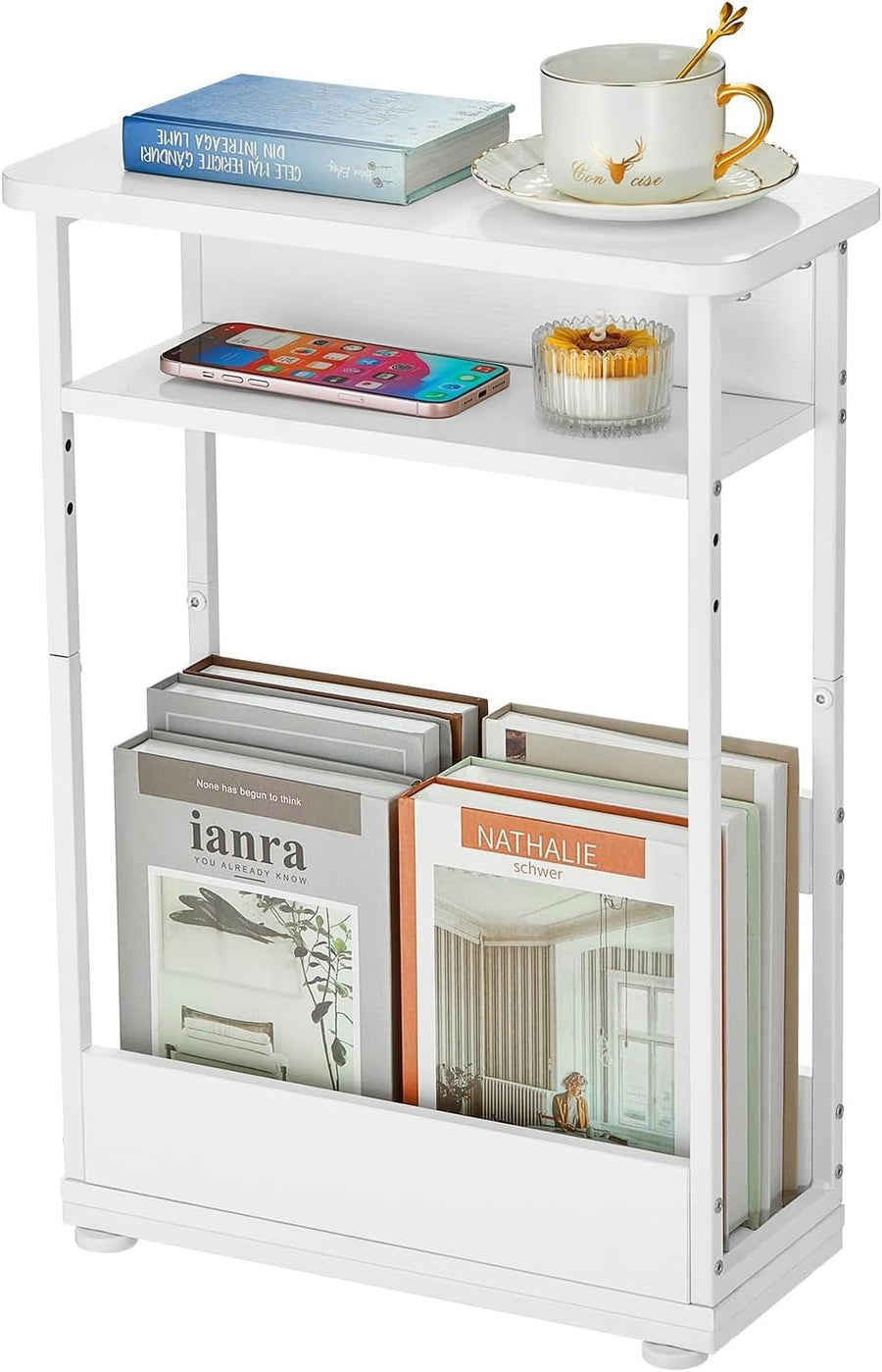 White Narrow Side Table for Small Spaces – Slim Bedside Unit with Shelf