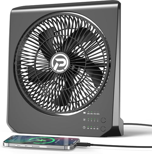 Black Window Fan – 20000mAh Rechargeable 10" Box Fan, 4-Speed Quiet Cooling