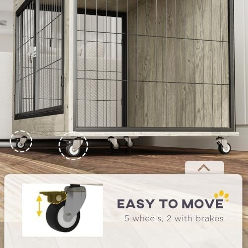 Modern Dog Crate Furniture with Wheels, Large Lockable Pet Cage Grey
