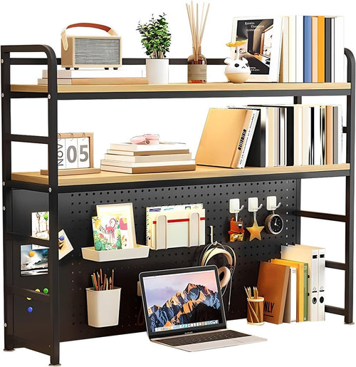 2-Tier Desktop Hutch Shelf w/ Pegboard Metal/MDF Organizer Rack 110cm Black