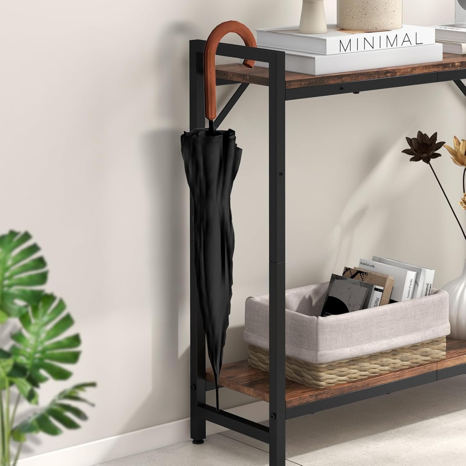 Narrow Console Table with Adjustable Shelves, Rustic Wood, Sturdy Metal Frame
