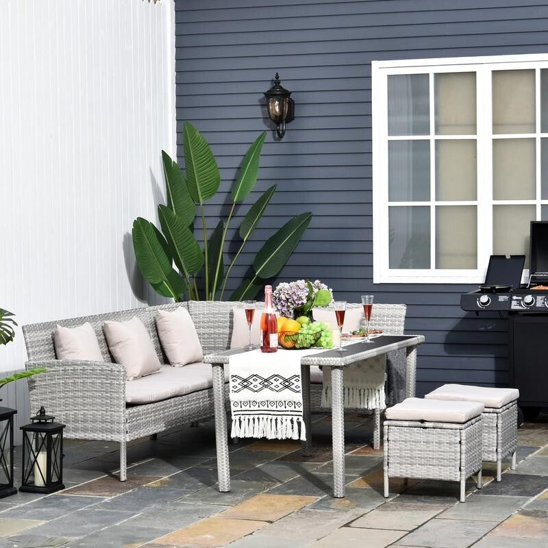 6-Seater Rattan Corner Sofa Dining Set Garden Patio Furniture w/ Table & Stools