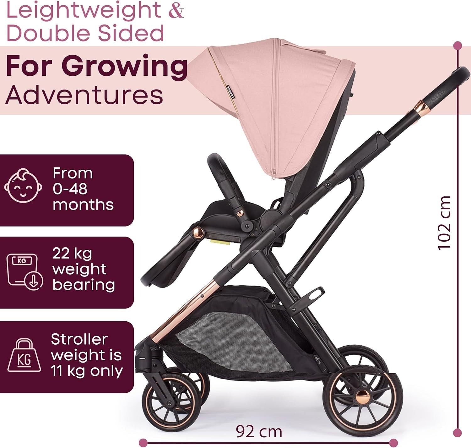 Baby Pushchair Reclining Seat Smooth Suspension Compact Stroller Pink