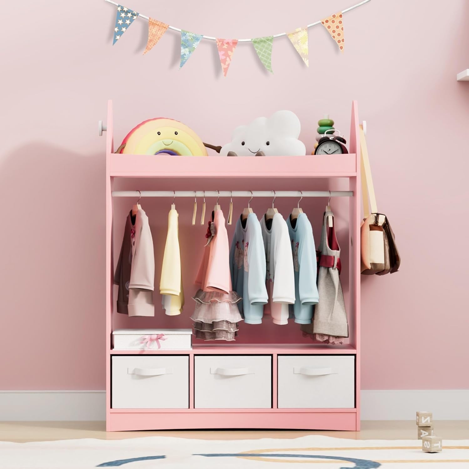Kids Wardrobe with Mirror, 3 Drawers & Hanging Rail, Pink Rocket Design