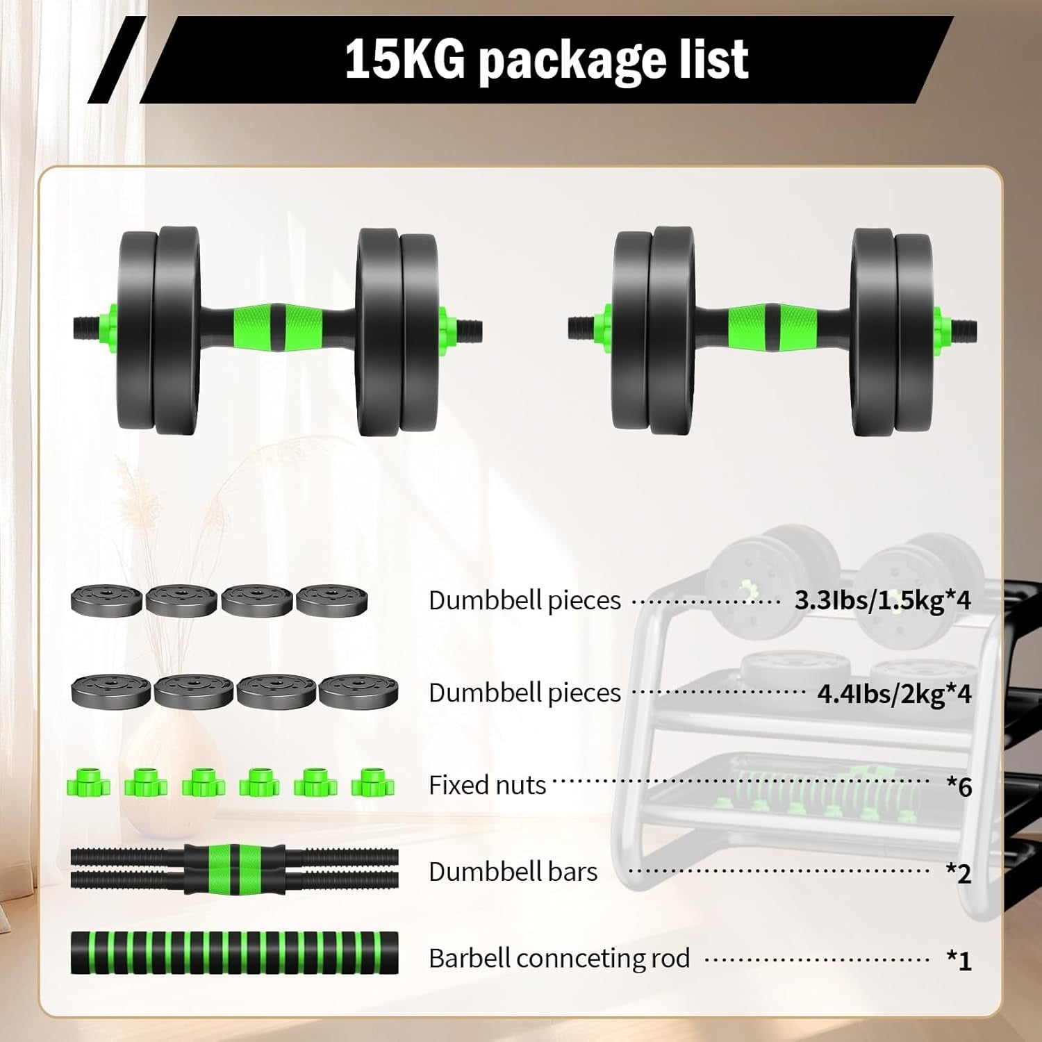 15KG Adjustable Dumbbells Barbell Set 3 in 1 Home Gym Weights