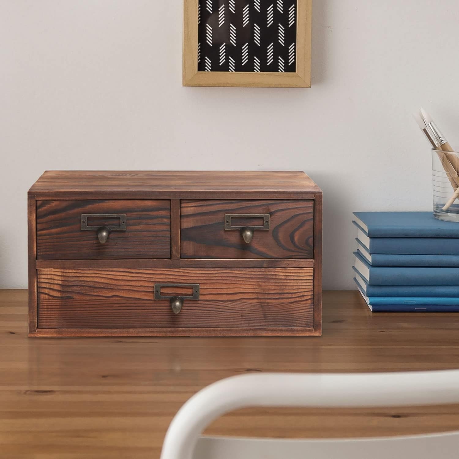 Dark Brown Wooden Desk Organizer with 3 Drawers for Office & Craft Storage