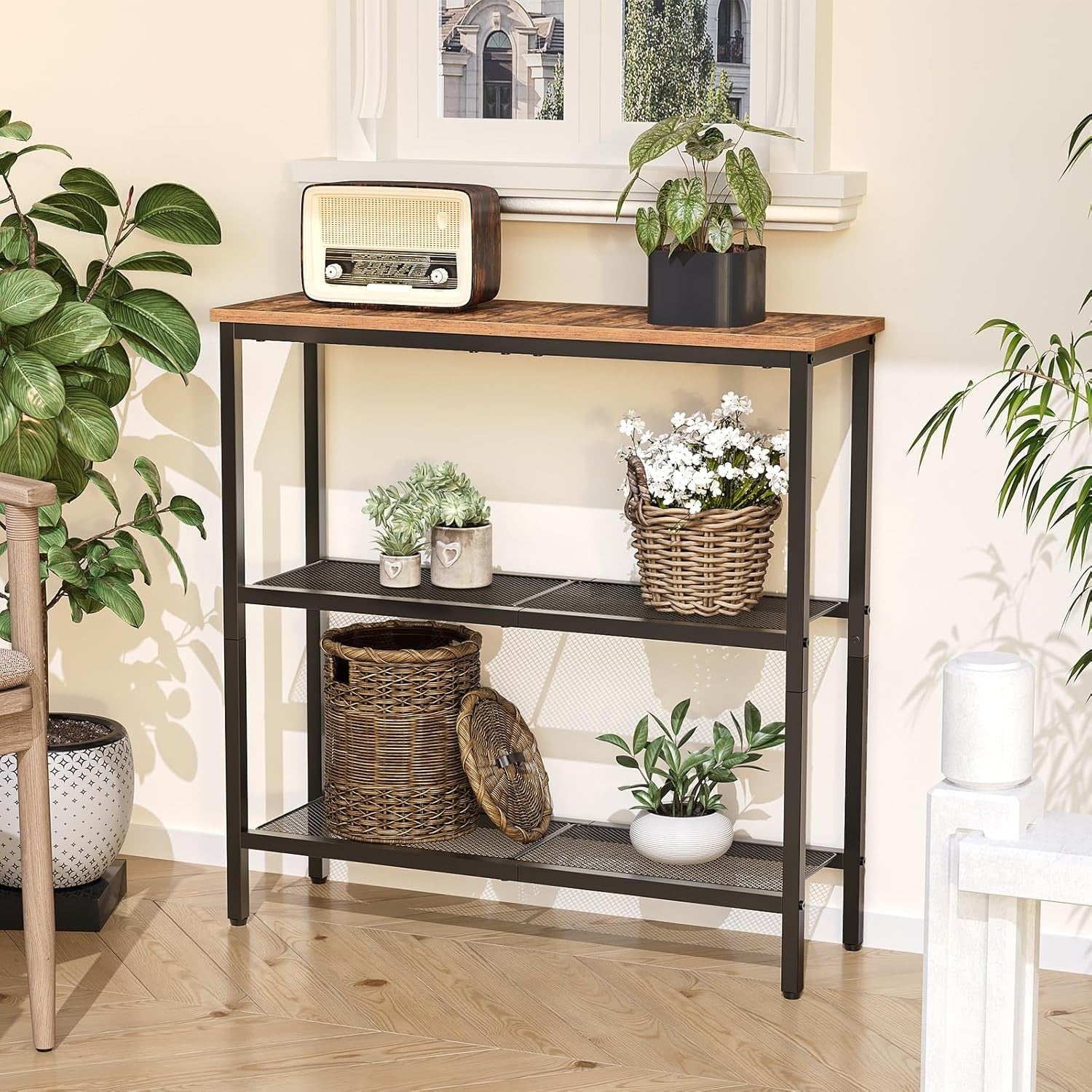 Slim 3-Tier Console Table 75cm Wide Storage Shelf Metal Frame Rustic Brown