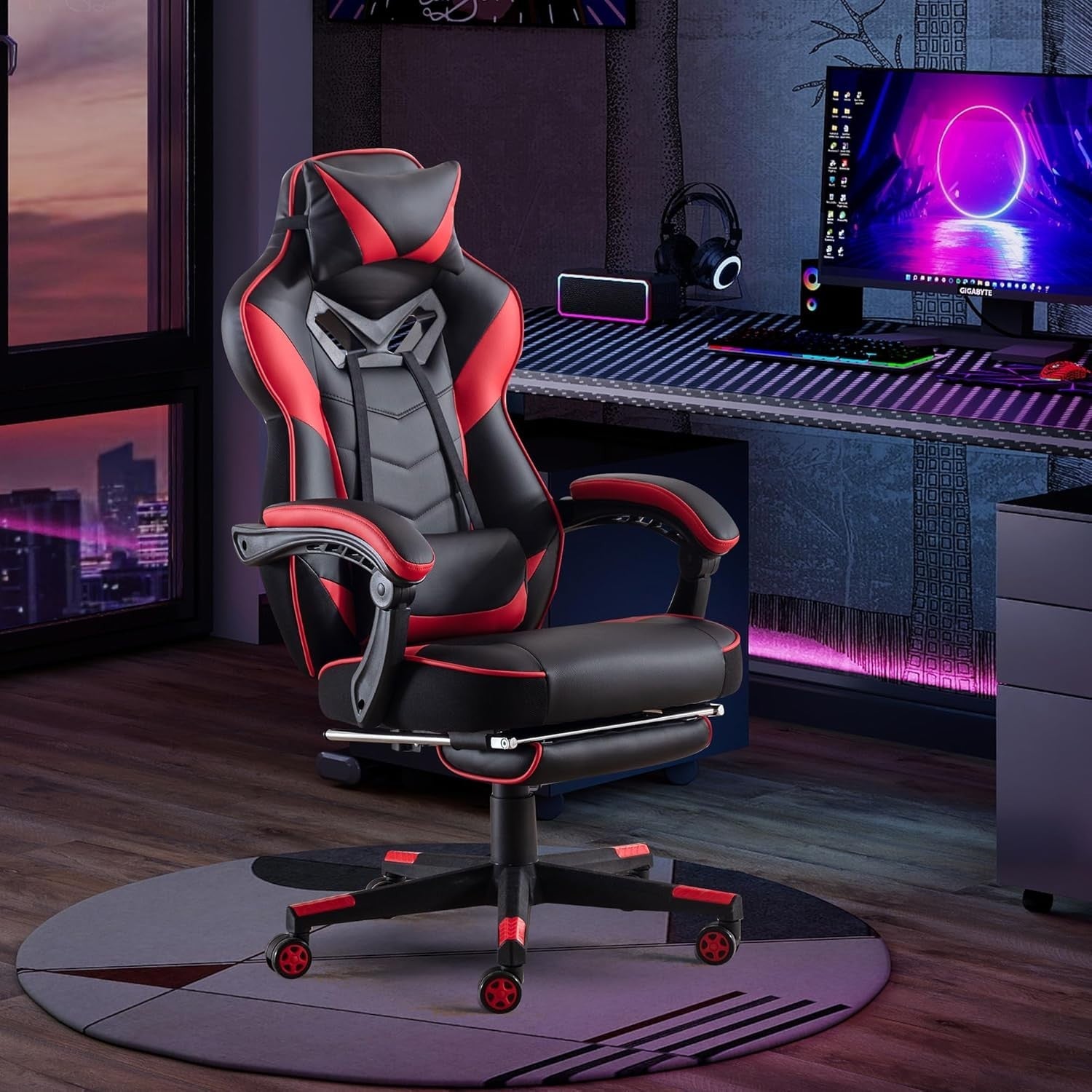 Ergonomic Gaming Chair Recliner Office Desk Footrest Lumbar Massage Swivel