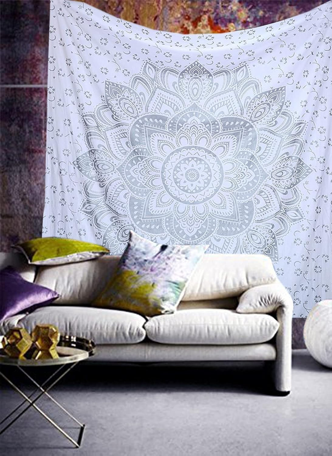 Grey Silver Mandala Cotton passion Tapestry 208x232cm Wall Decor