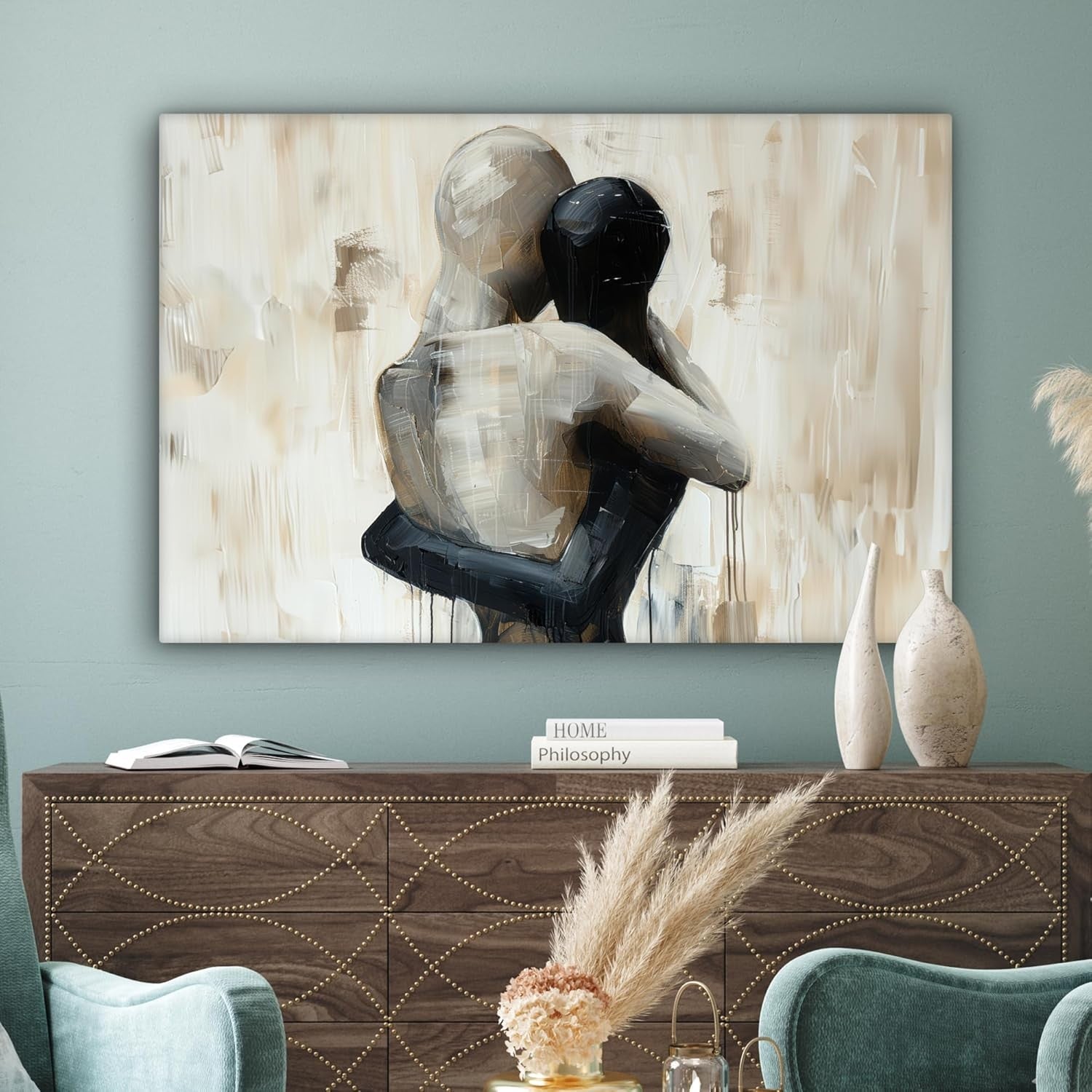 Large Abstract People Canvas Wall Art 120x80cm Beige Modern Living Room