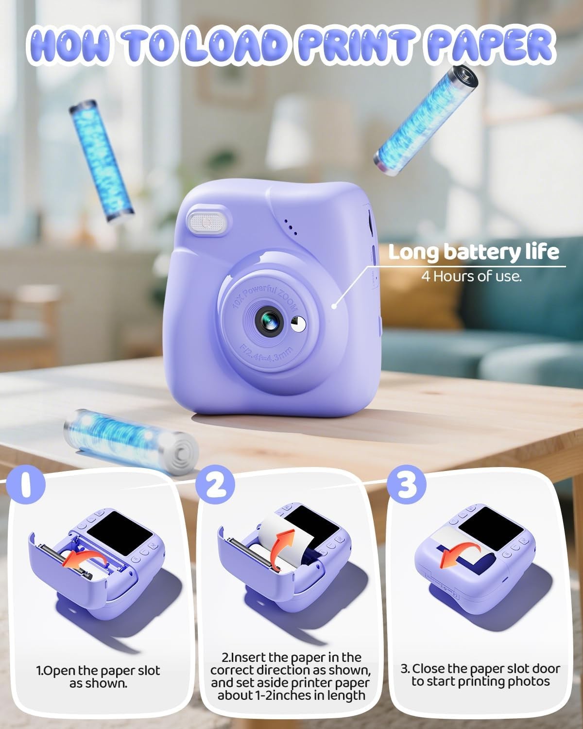 Kids Instant Print Camera 48MP 1080P Video 32GB Card Purple Gift