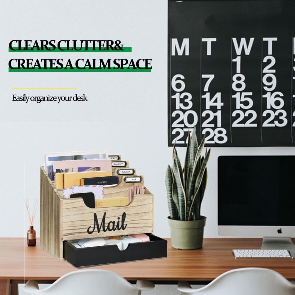Wood Desktop Mail Organizer with 4 Compartments & Drawer, File Holder