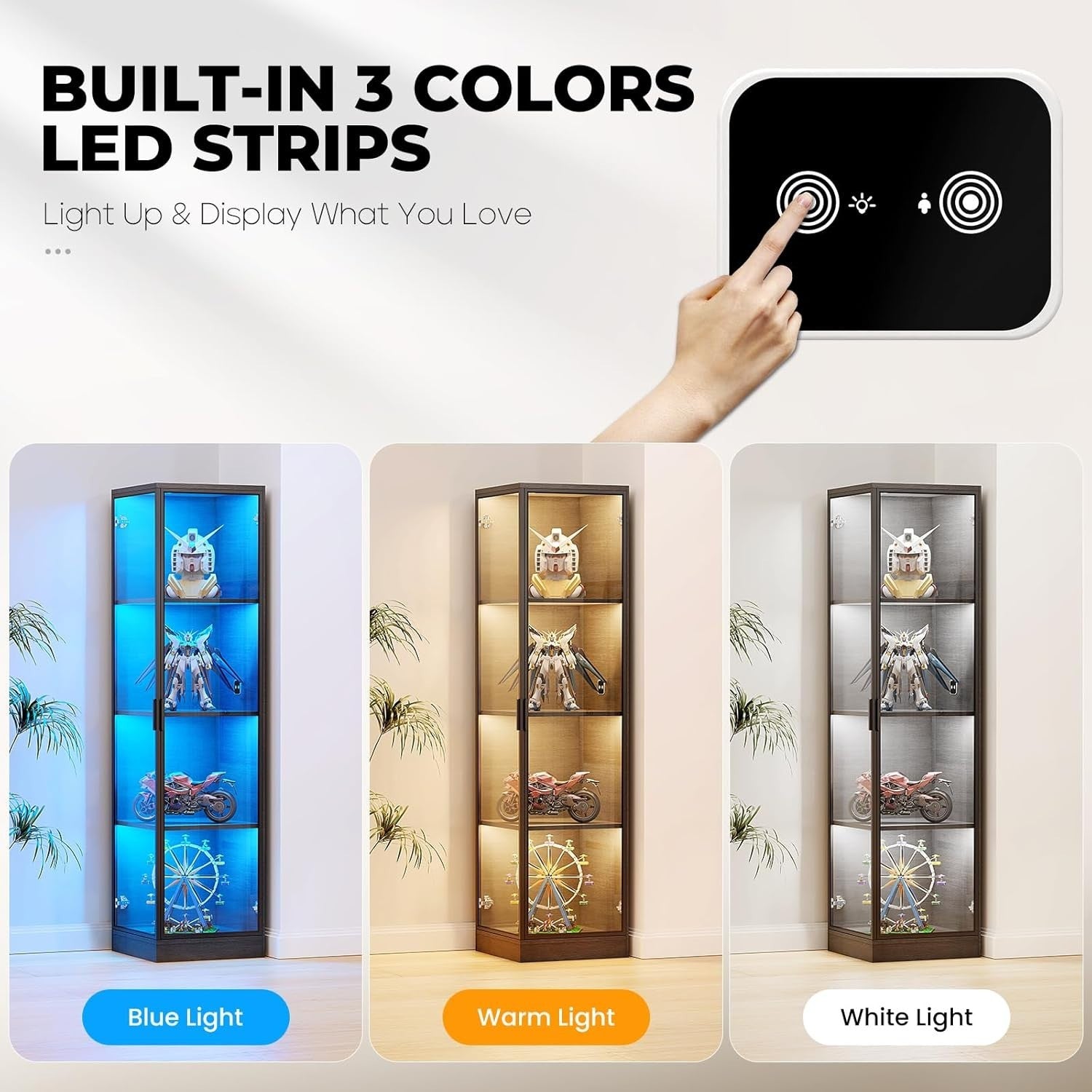 Corner Display Cabinet with Lights & Doors, 4-Tier Tall Unit for Figures