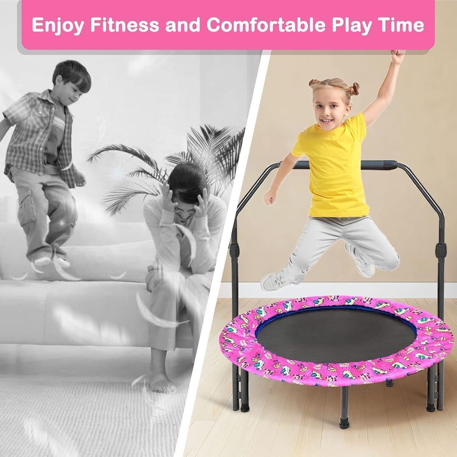 36'' Kids Mini Trampoline Quiet Foldable Adjustable Handle Safety Pad