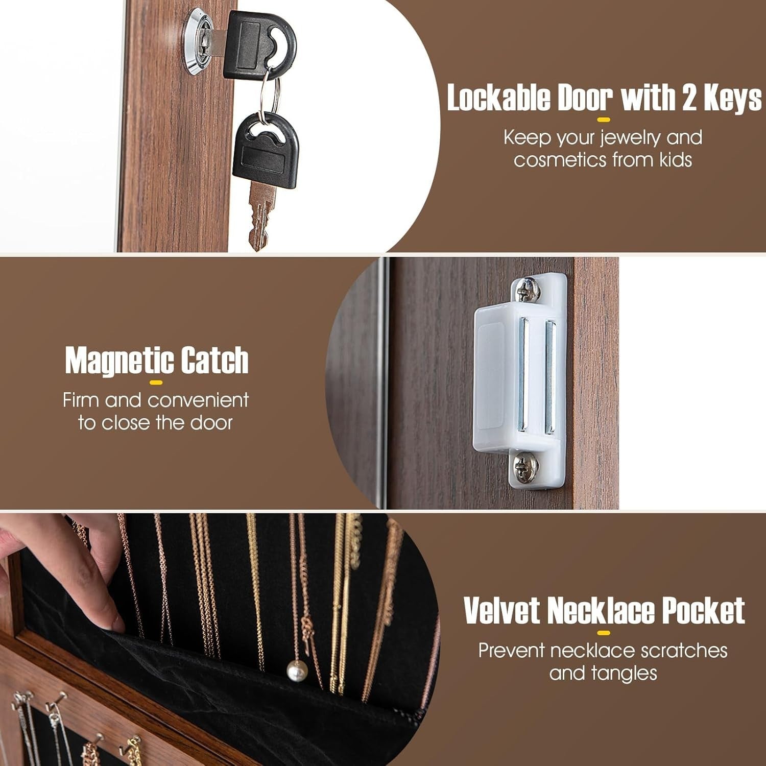 Walnut 360° Swivel LED Jewelry Cabinet Mirror Lockable Storage Organizer