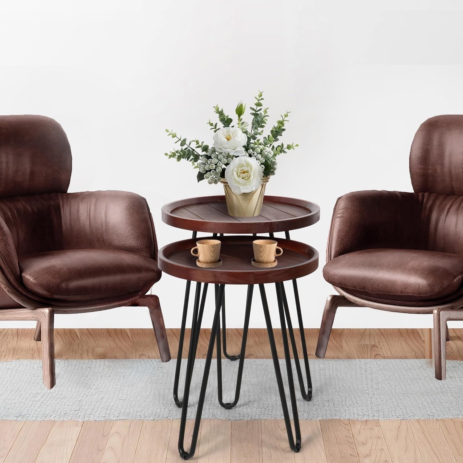 Round Wood Nesting Coffee Table Walnut Metal Frame Side End Tables Set of 2
