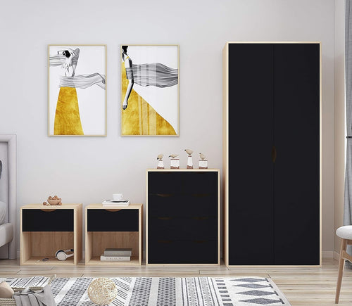 4pc Bedroom Furniture Set Wardrobe Chest Bedside Cabinet Black on Oak