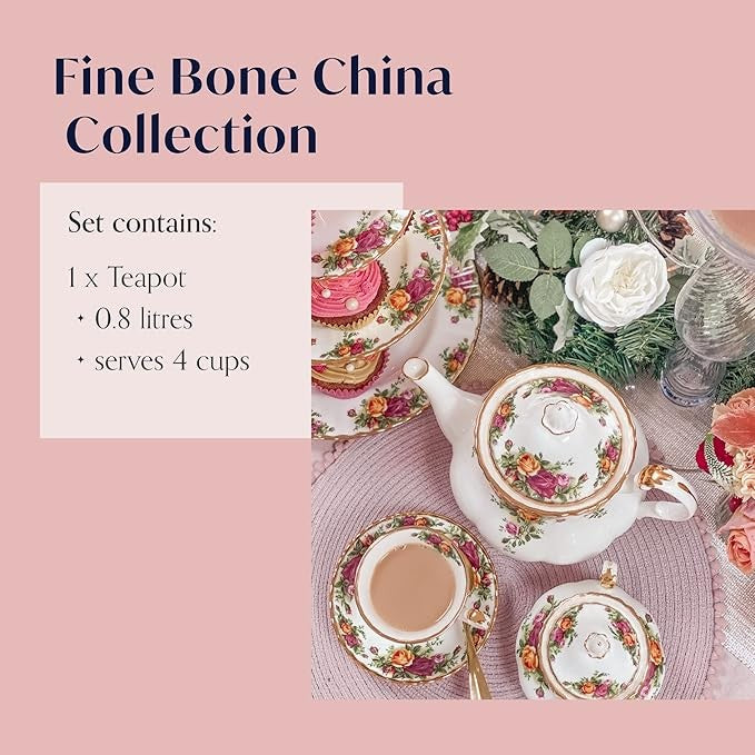 Vintage Floral Bone China Teapot 0.8L Gold Rim Tea Server Elegant