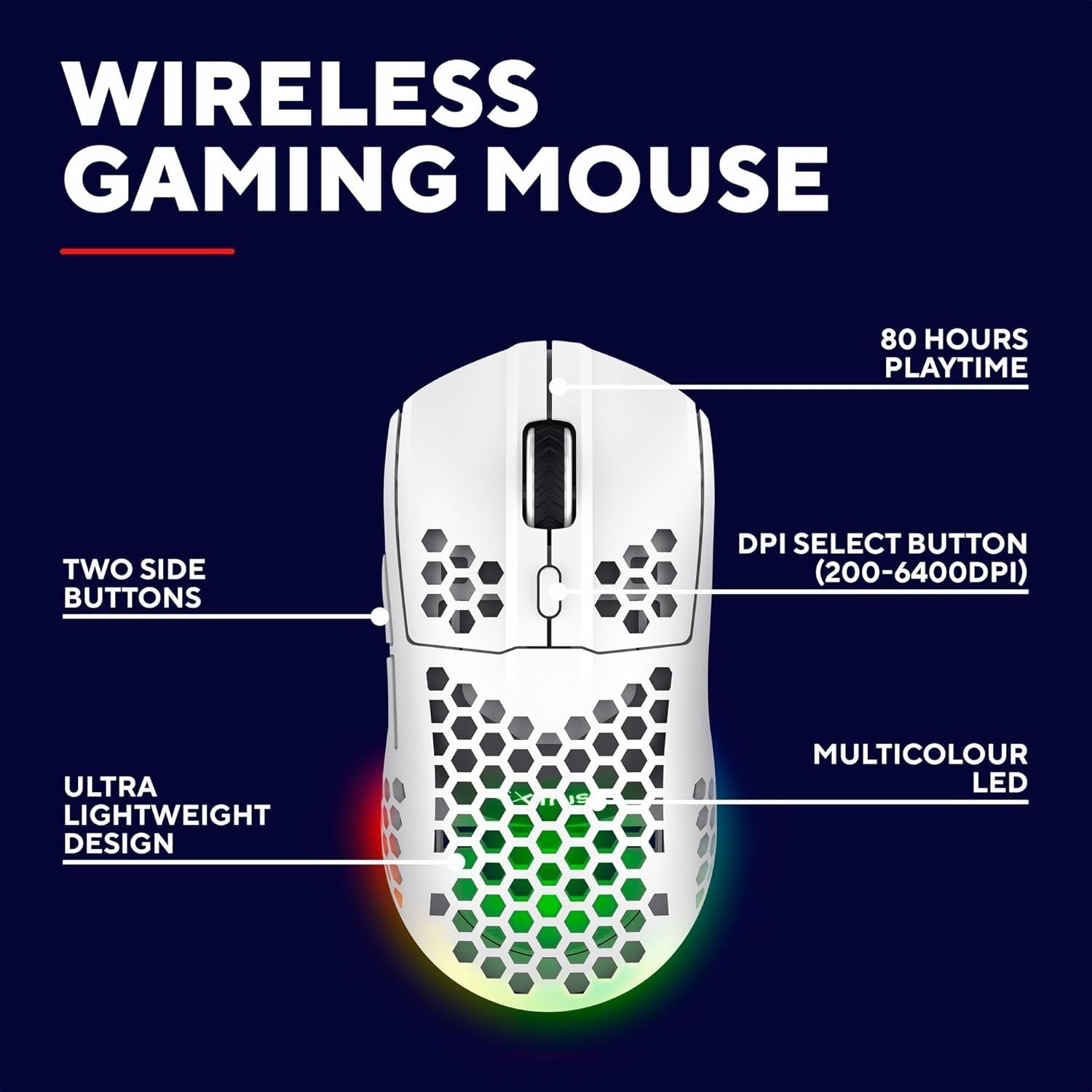 Ultralight Wireless Gaming Mouse 75g 80H RGB 4800 DPI White