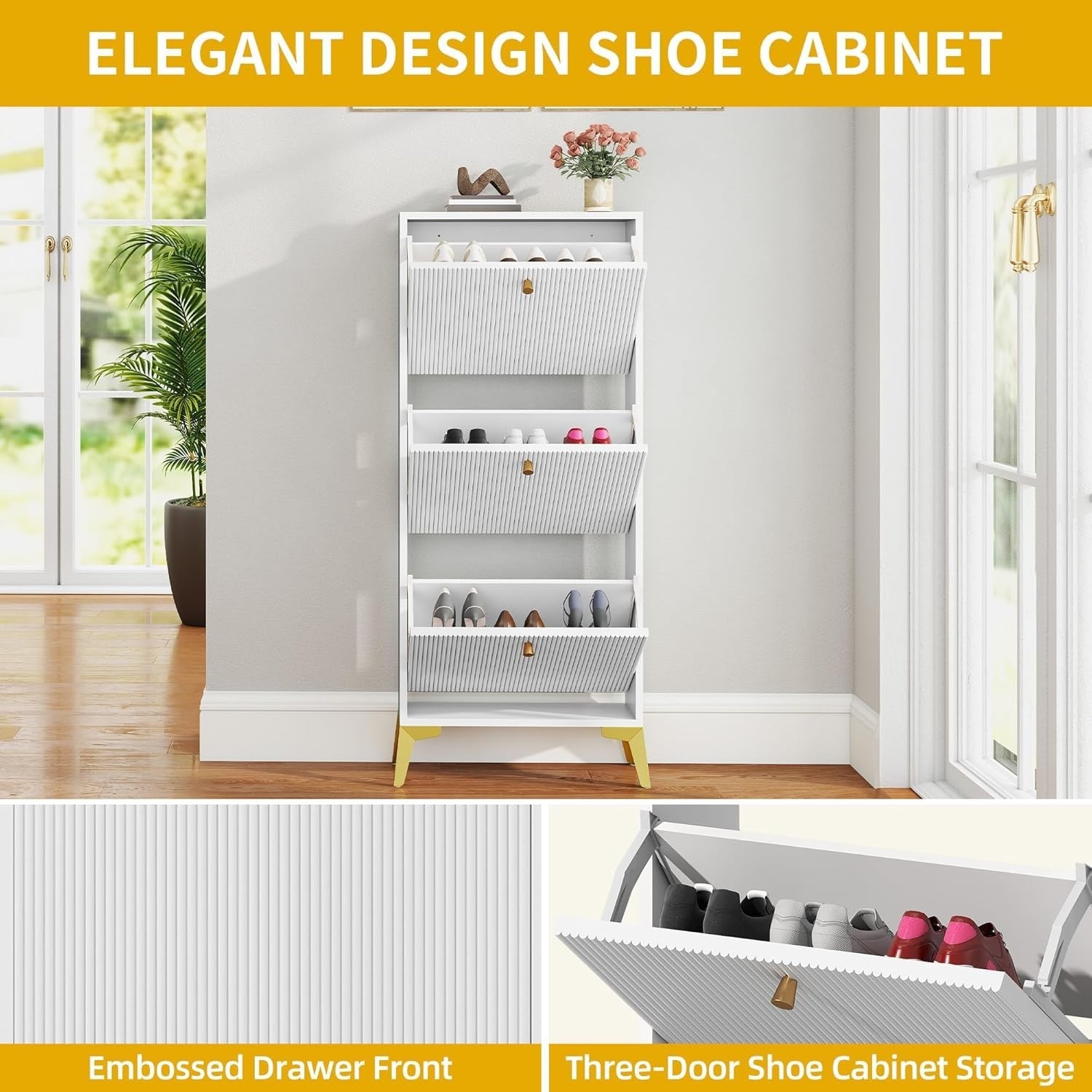 Slim White Shoe Cabinet with 3 Flip Drawers & Adjustable Dividers, Space-Saving