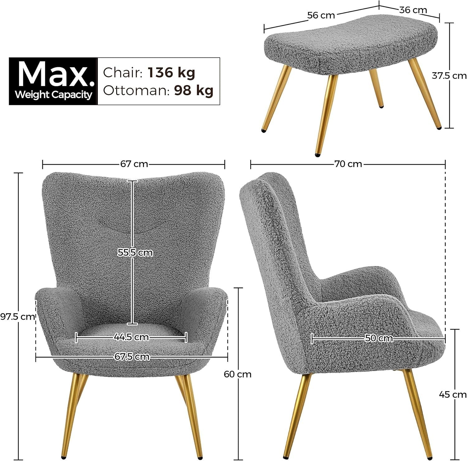 Grey Fuzzy Tub Chair with Ottoman | High Back Lounge Armchair for Living Room